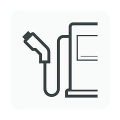 Partial fuel dispenser with hose and angled nozzle shown beside housing. Black outline refueling icon for petrol station services, automotive energy interfaces and forecourt equipment guides. © DifferR