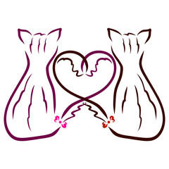 cats in love sit together, heart from tails