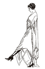 Beautiful elegant young woman from the 20s in side view, wearing long dress, stretching one leg foreward and looking to her shoe