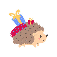 Cute hedgehog holding wrapped gift boxes. Design for t shirt print, greeting card, poster. Hand drawn vector illustration.