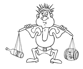 Beer and wine alcoholism. Caricature of an alcoholic. Colored Vector