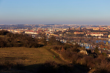 Fototapeta na wymiar Winter Prague City from the Hill Devin in the sunny Day, Czech Republic