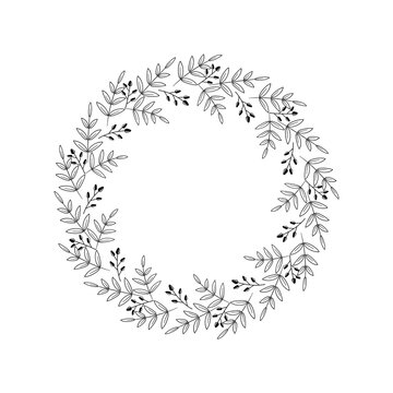 Wonderful floral wreath with twigs, berries, leaves. Plant border, elegant template for holiday design. Round frame for logo, tag, congratulations, home decor. Vector illustration, black drawing