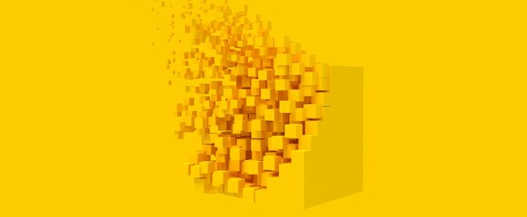 Rende tridimensional de cubo desintegrado. Diseño 3d de cubos unicolores. Ilustración minimalista y colorida