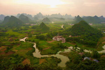 Sunset landscape of Guilin, Li River and Karst mountains. Located near Yangshuo County, Guilin...