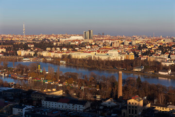 Fototapeta premium Winter Prague City from the Hill Devin in the sunny Day, Czech Republic