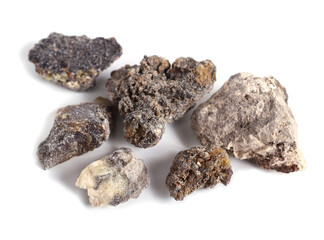 Palo Santo (Holy Stick) Wood Resin Scattered Pieces. Isolated on White Background.