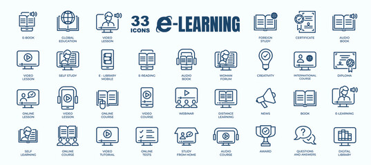 Obraz na płótnie Canvas Simple Set of E-Learning, Online Course and Education Related Vector Line Icons. Contains thin Icons as Ebook, Audio book, Distance Study and more. Editable Stroke. 48x48 Pixel Perfect