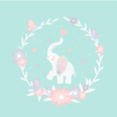 Cute Cartoon Elephant with flowers.