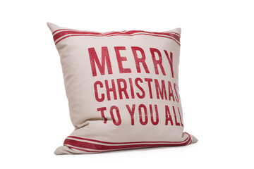 Cushion cover with “Merry Christmas to you all” message isolated on white background