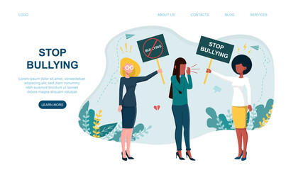 Female characters are protesting against bullying. Concept of harassment with unfriendly mean attitude. Website, web page, landing page template. Flat cartoon vector illustration