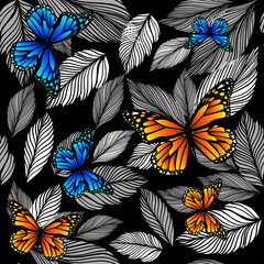 Graphic leaves seamless monochrome pattern with butterflies. vector illustration