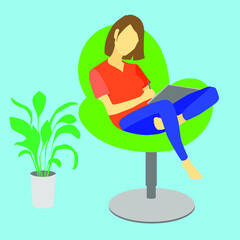 Fototapeta na wymiar Girl sitting in a chair and doing work. Vector graphics.