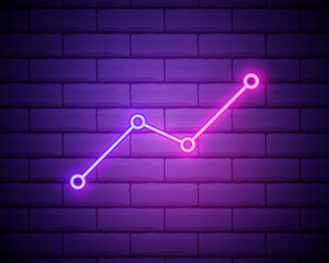Line chart pink glowing neon ui ux icon. Glowing sign logo vector isolated on brick wall background