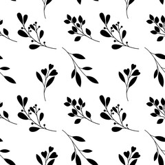 Hand drawn vector seamless pattern with floral elements. Vector pattern with leaves, twigs, branches, berries, grass. Green and white. © Maria