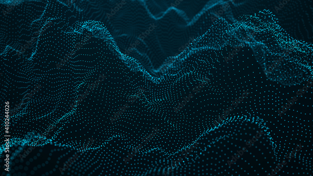Fototapete abstract blue background of points. wave of dots. cyber particles. big data stream. 3d rendering