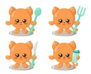Set of funny cute kawaii cat with round body, spoon, fork, knife and cup in flat design with shadows. Isolated animal vector illustration with cutlery