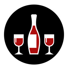 A bottle of wine with two glasses. A pleasant alcoholic drink. Black silhouette on a black round background. Vector flat illustration icon.