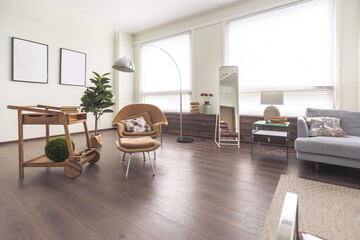 Modern trendy creative design of a personal studio office with a seating area in the style of minimalism in blue and beige colors with large windows and daylight