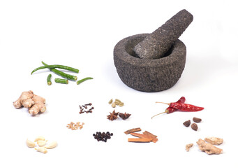 Stone mortar and pestle with herbs