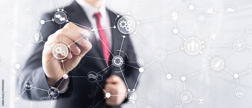 Poster business process structure industrial workflow diagram automation innovation concept on virtual scre