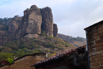 Tepoztlan, Morelos, México. january 10, 2021. Tepozteco mountain from tepoztlan city