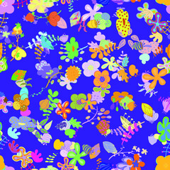 Fototapeta na wymiar Seamless pattern with colorful spring flowers. yellow, blue, pink, orange, green, cyan colors.