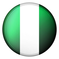Glass light ball with flag of Nigeria. Round sphere, template icon. Nigerian national symbol. Glossy realistic ball, 3D abstract vector illustration highlighted on a white background. Big bubble.