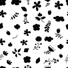 Seamless pattern with black spring flowers. Doodle flowers. Silhouette flowers.