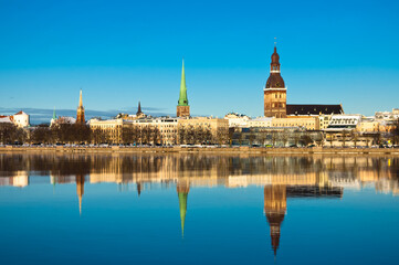 Fototapeta premium riga. in the photo, a panorama of the city against the blue sky