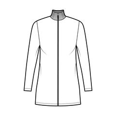 Turtleneck zip-up dress technical fashion illustration with long sleeves, mini length, oversized body, Pencil fullness. Flat apparel template front, white color. Women, men, unisex CAD mockup