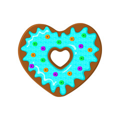 Heart shaped doughnut isolated on white background. Donut decorated with blue glaze, powdered sugar and mini candies. Sweet dessert for Valentines day. Vector cartoon illustration.