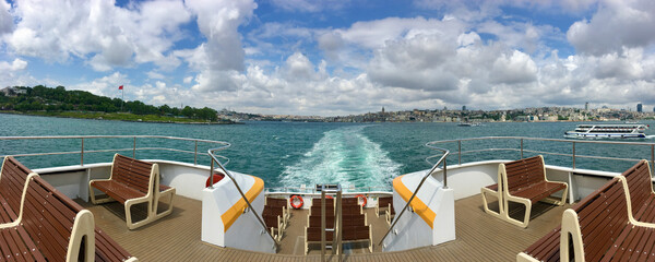 Panoramic shot of Istanbul sea from sea lines Istanbul boat. Boats traveling between the European and Asian ports of Istanbul. 