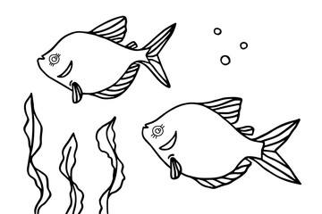 Fish and algae in the water. Aquarium. Can be used for coloring book for kids. Vector illustration.