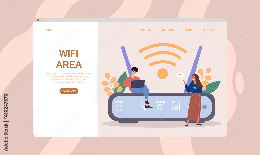 Poster male and female characters are using wifi next to wifi router. concept of better internet coverage a