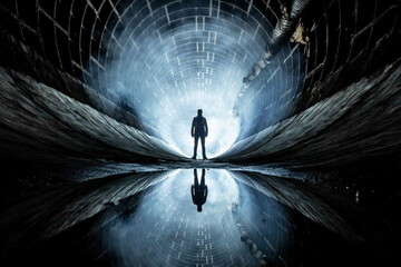 man stands in a tunnel against the light at the end of the tunne