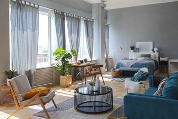 elegant creative modern trendy interior of a spacious open plan Scandinavian style studio with seating and sleeping areas