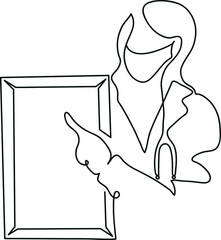 One line drawing of nurse in protective face mask.
One continuous line drawing of empty magnetic board and doctor.