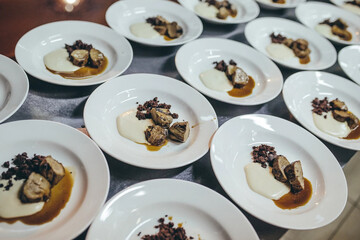 Pieces of meat with sauce and mayonnaise plates.