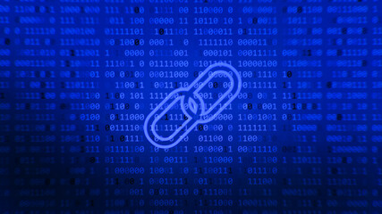 Block chain hyperlink symbol on binary code number big data flow information. Blue glowing abstract background.