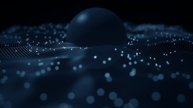 Abstract orbiting particles and dark blue globe in the centre. Space research or atomic physics related 3d animation