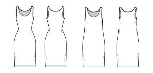 Tank dress technical fashion illustration with scoop neck, straps, knee length, oversized, fitted body, Pencil fullness. Flat apparel template front, back, white color. Women, men, unisex CAD mockup
