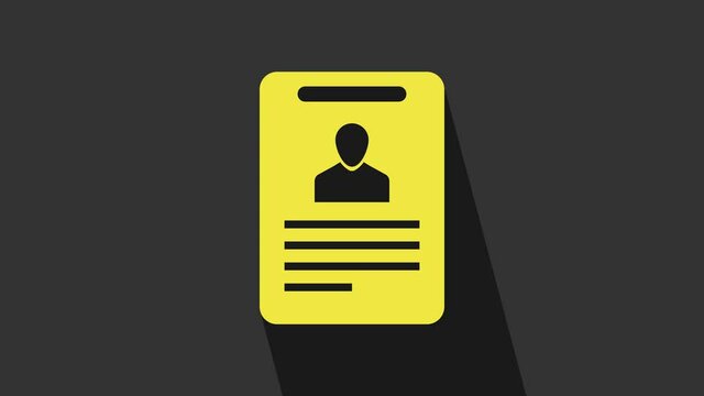 Yellow Identification badge icon isolated on grey background. It can be used for presentation, identity of the company, advertising. 4K Video motion graphic animation