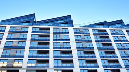 Modern apartment building in sunny day. Exterior, residential house facade.