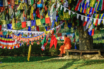 Nepal in Lumbini, the birthplace of Buddha. Outside the temple, holy men, yogi and monks are meditating,  - obrazy, fototapety, plakaty