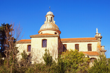 Fototapeta na wymiar Religious architecture. Montenegro. Catholic Church of the Nativity Virgin in ancient town of Prcanj