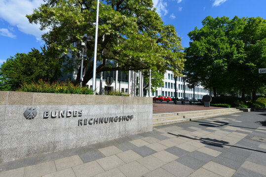 Bonn, North Rhine-Westphalia, Germany - May 14, 2019: Sign at the entrance to Federal Court of Auditors in Bonn, Germany - The Bundesrechnungshof is the supreme authority for audit matters in Germany
