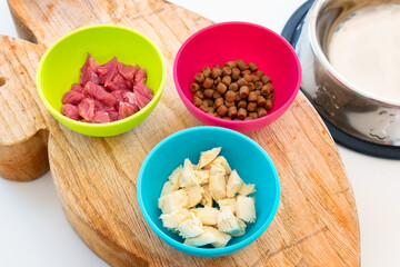 Cats nutrition concept. Different types of food for healthy feline. Comparison between raw beef, cooked chicken, canned meats and dry food. Wet or dry food? Natural or preserved food? Diet for cats.