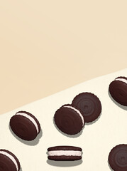 3d render flat lay scene..Totally Chocolate cookies on beige textured background. Choco Cacao lover concept. Minimalistic creative food style art.