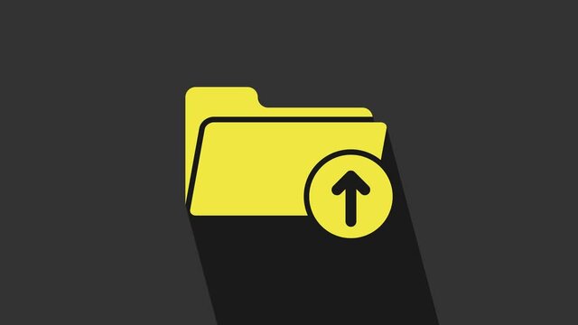 Yellow Download arrow with folder icon isolated on grey background. 4K Video motion graphic animation